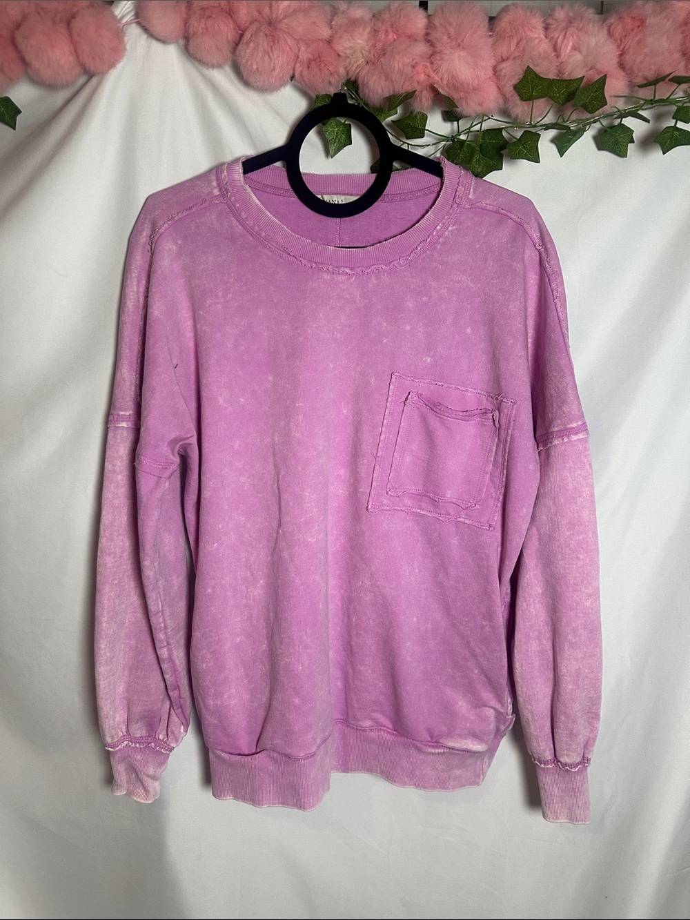 Zenana Outfitters Pink Washed Crewneck Sweater with Pocket